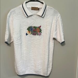 Women’s Blue and White Polo Sweater with Artistic Chest Design.